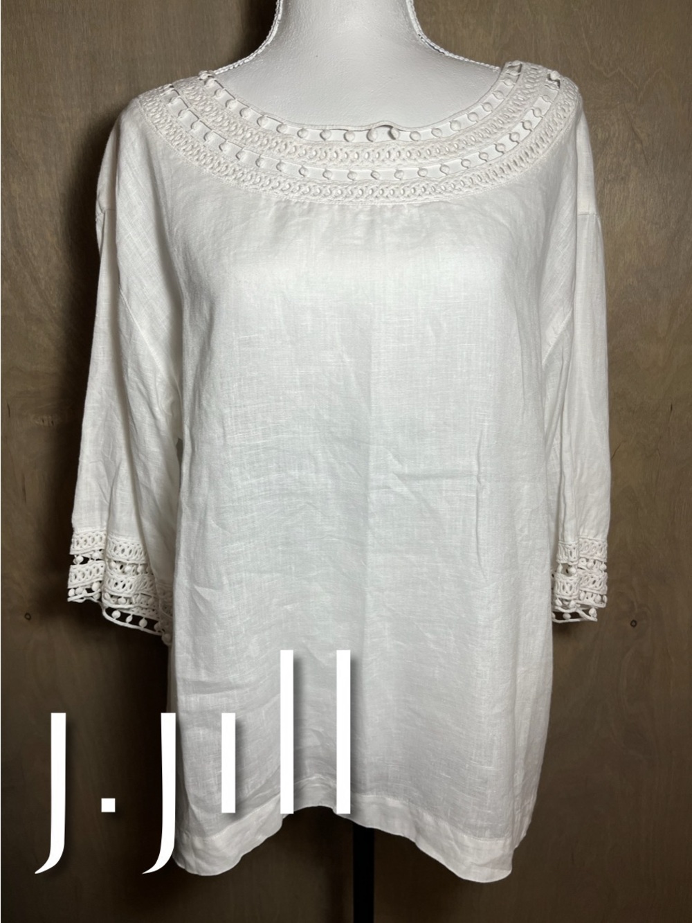 J. Jill Crochet Lace Edge Boho White Linen Boxy  Blouse Top L